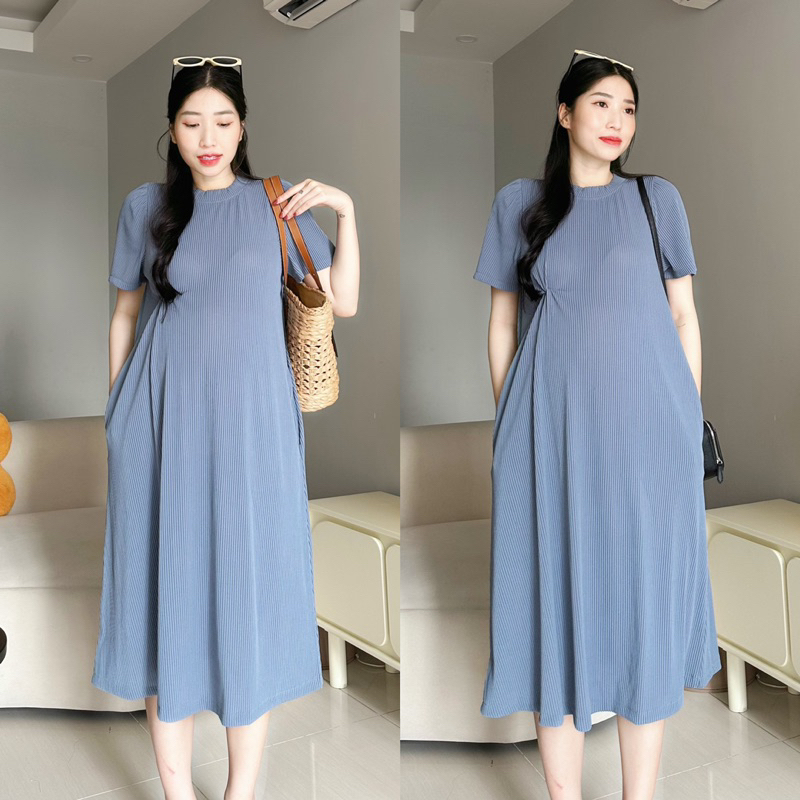 Đầm bầu thun tăm dập li xoắn eo Elly Dress