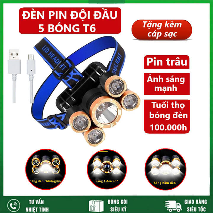 Đèn pin siêu sáng đội đầu 5 bóng siêu sáng chế độ đèn pin siêu sáng kèm sạc
