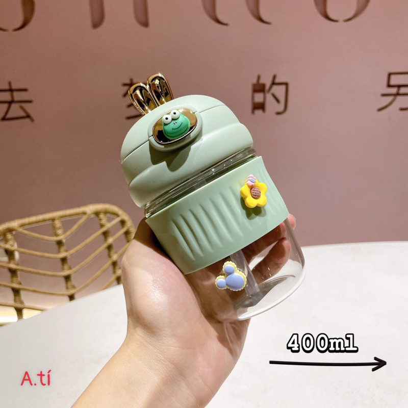Bình nước thủy tinh dung tích 500ml tai thỏ mạ kim loại sang chảnh BINU003