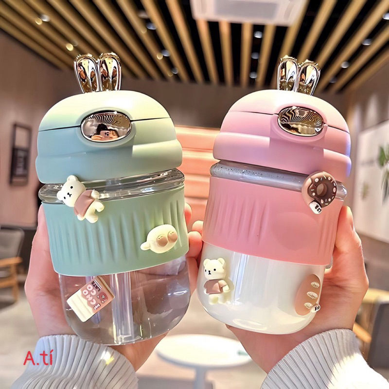 Bình nước thủy tinh dung tích 500ml tai thỏ mạ kim loại sang chảnh BINU003