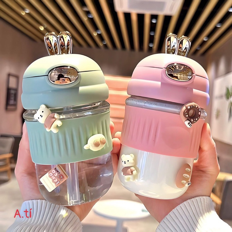 Bình nước thủy tinh dung tích 500ml tai thỏ mạ kim loại sang chảnh BINU003