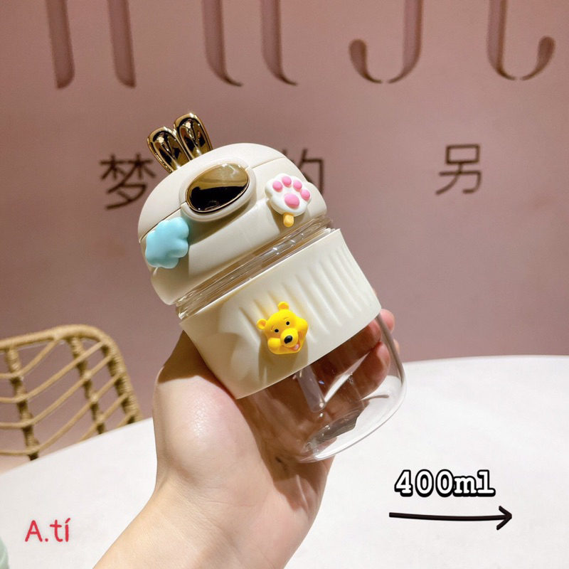 Bình nước thủy tinh dung tích 500ml tai thỏ mạ kim loại sang chảnh BINU003