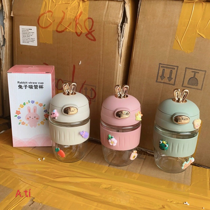 Bình nước thủy tinh dung tích 500ml tai thỏ mạ kim loại sang chảnh BINU003