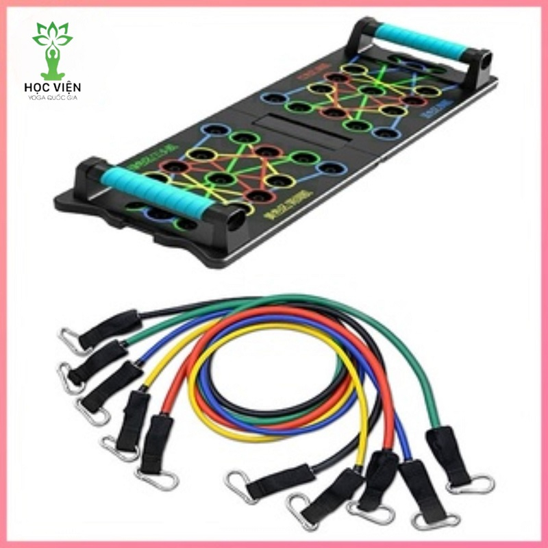 Combo Dụng cụ tập hít 12in1 34 lỗ+ Bộ dây ngũ sắc tập gym kháng lực cao, bộ tập chống đẩy cơ vai, tay, bụng_HV YOGA QG