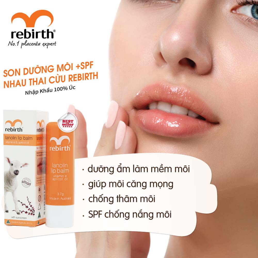 [Mã PINKLT441233 giảm 15K đơn 0K] Son Dưỡng Môi Nhau Thai Cừu Rebirth Với Vitamin E và Dầu Mơ 3.7g - Pinksup