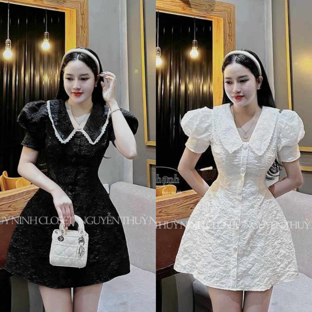 Đầm nữ gấm cổ viền ren tay phồng phối nút kiểu dáng xòe sang trọng dự tiệc