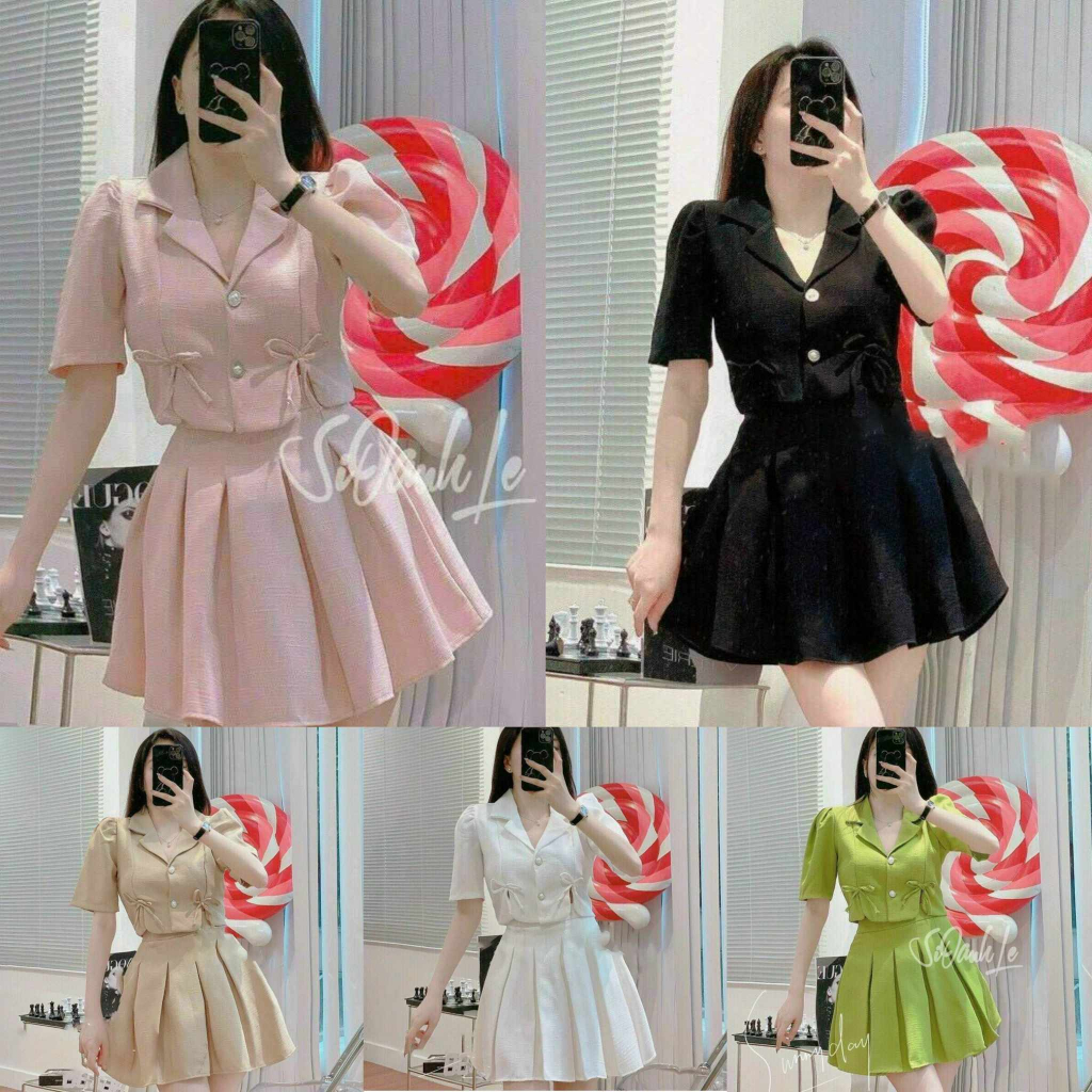Set Váy Nữ xếp ly cổ sơ mi tiểu sang thư sang trọng