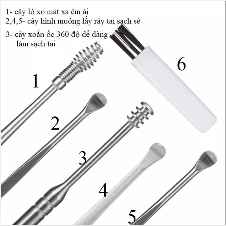 Bộ Dụng Cụ Ngoáy Tai Inox 6 Món - Lấy Ráy Tai Thép Không Rỉ 6 Món - Mát Xa Tai - Làm Sạch Tai Hiệu Quả
