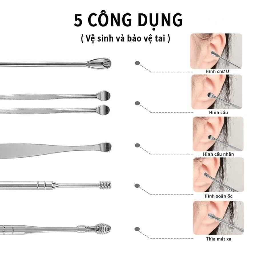 Bộ Dụng Cụ Ngoáy Tai Inox 6 Món - Lấy Ráy Tai Thép Không Rỉ 6 Món - Mát Xa Tai - Làm Sạch Tai Hiệu Quả