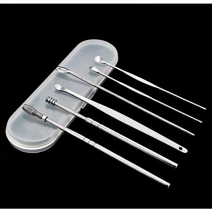 Bộ Dụng Cụ Ngoáy Tai Inox 6 Món - Lấy Ráy Tai Thép Không Rỉ 6 Món - Mát Xa Tai - Làm Sạch Tai Hiệu Quả
