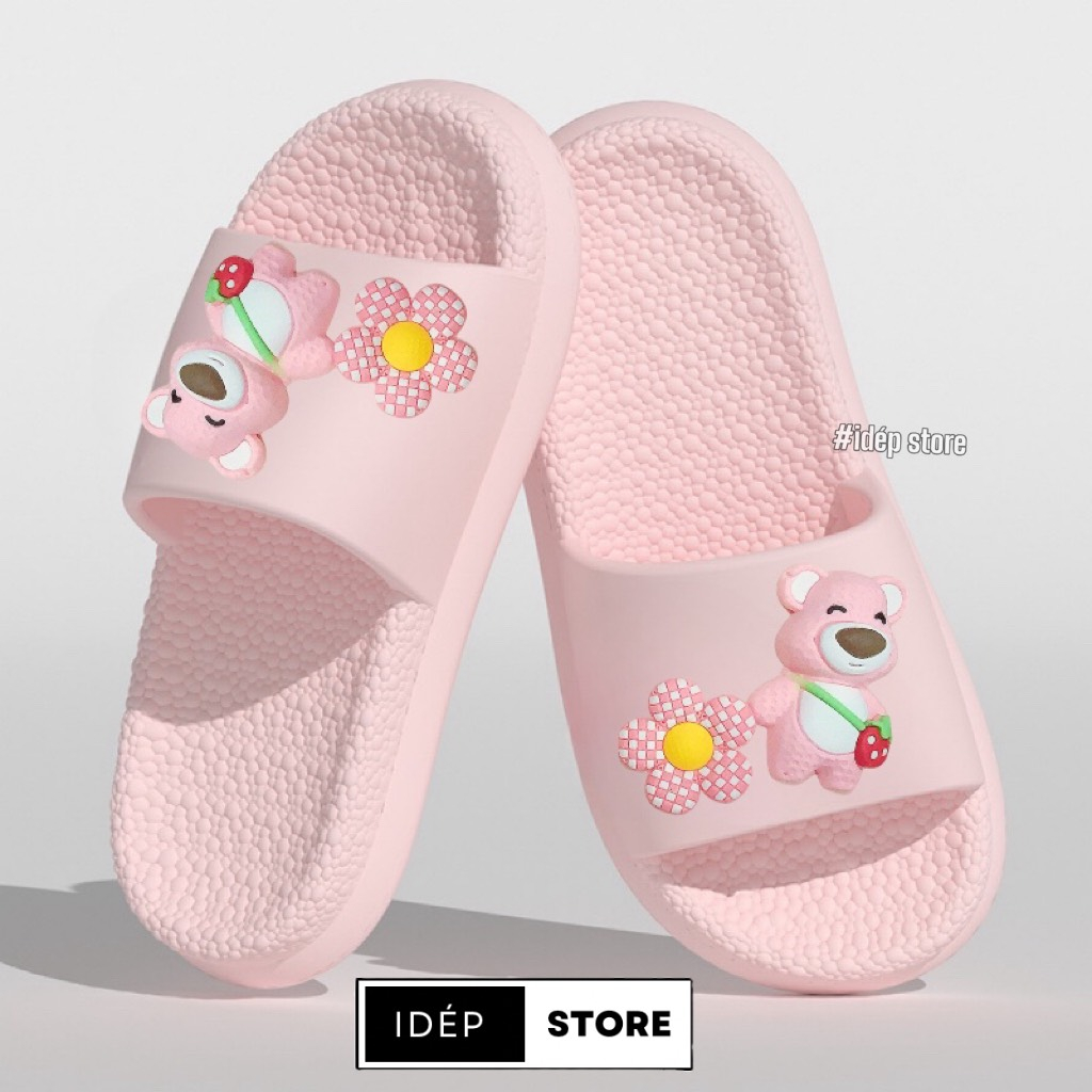 Dép bánh mì nữ quai ngang gắn sticker GẤU HOA cute iDÉP- DL263