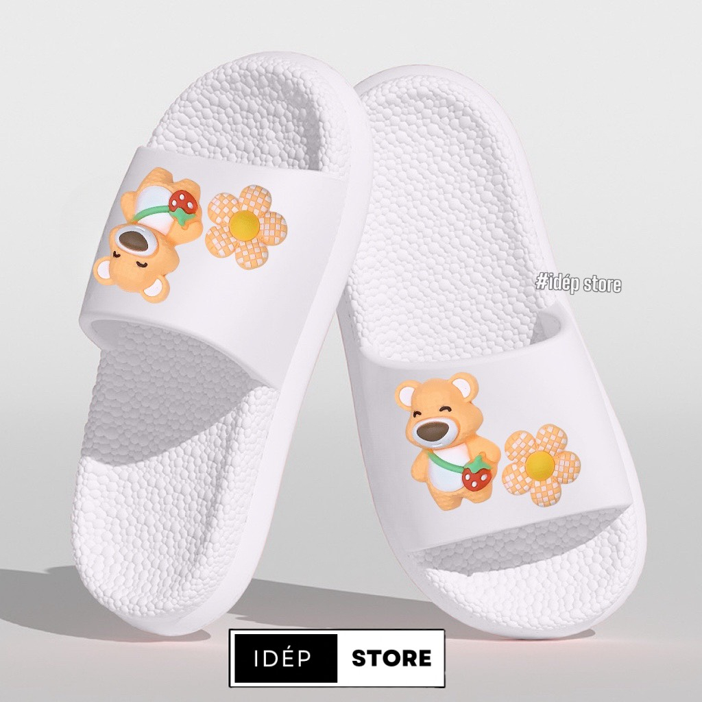 Dép bánh mì nữ quai ngang gắn sticker GẤU HOA cute iDÉP- DL263