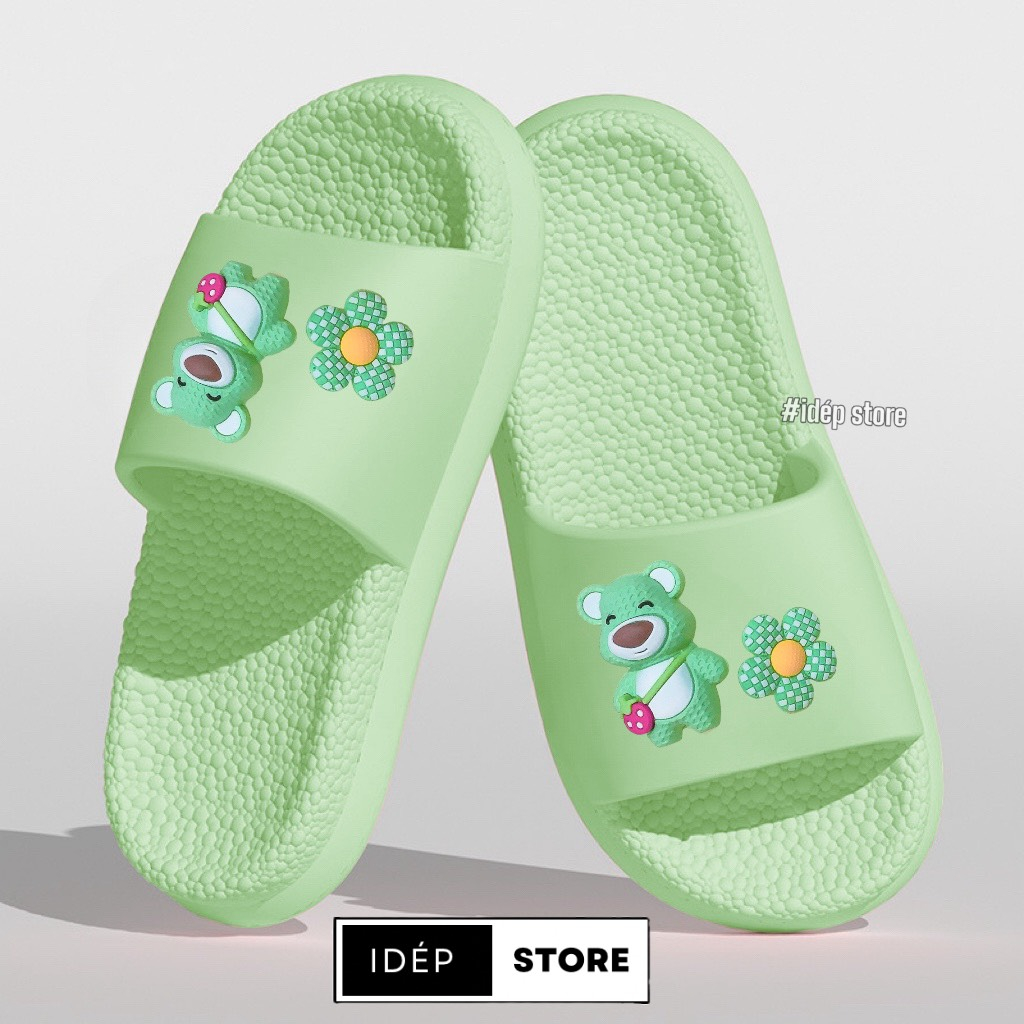 Dép bánh mì nữ quai ngang gắn sticker GẤU HOA cute iDÉP- DL263
