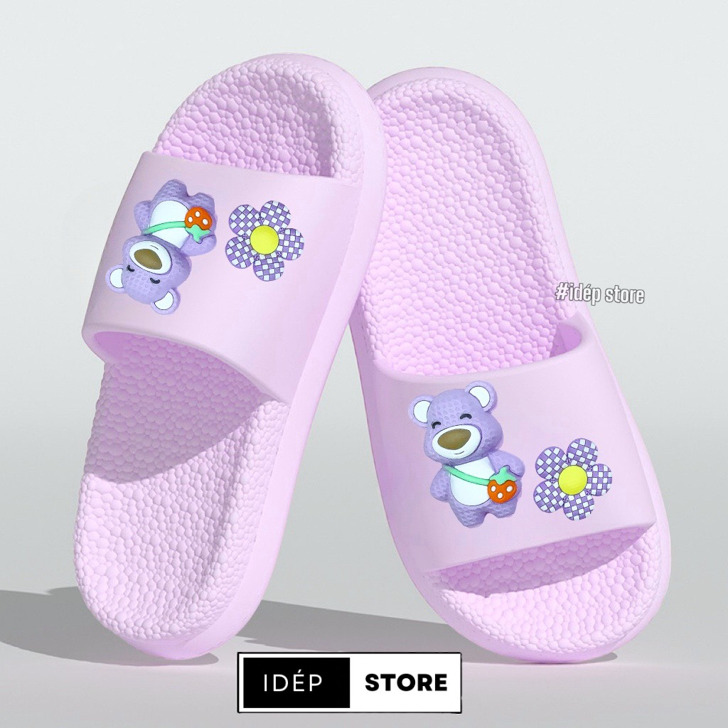 Dép bánh mì nữ quai ngang gắn sticker GẤU HOA cute iDÉP- DL263
