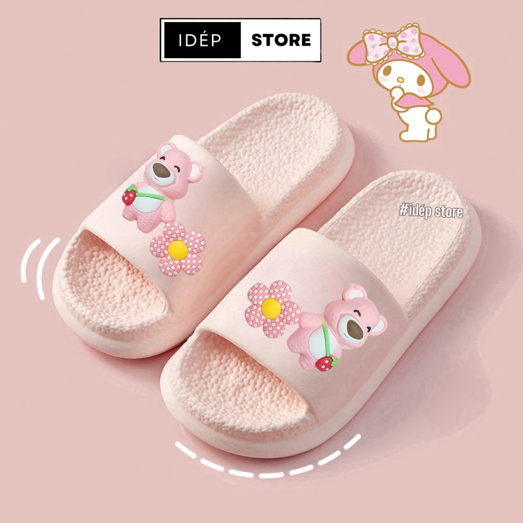 Dép bánh mì nữ quai ngang gắn sticker GẤU HOA cute iDÉP- DL263