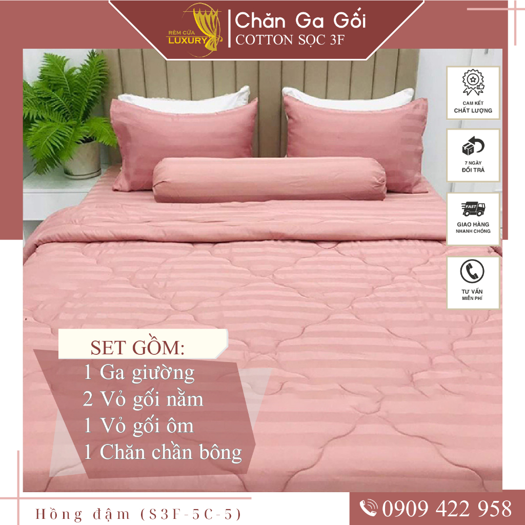 Bộ ga giường 5 món cotton kẻ sọc 3f chuyên dùng cho khách sạn miễn phí bo chun REMCUALUXURY