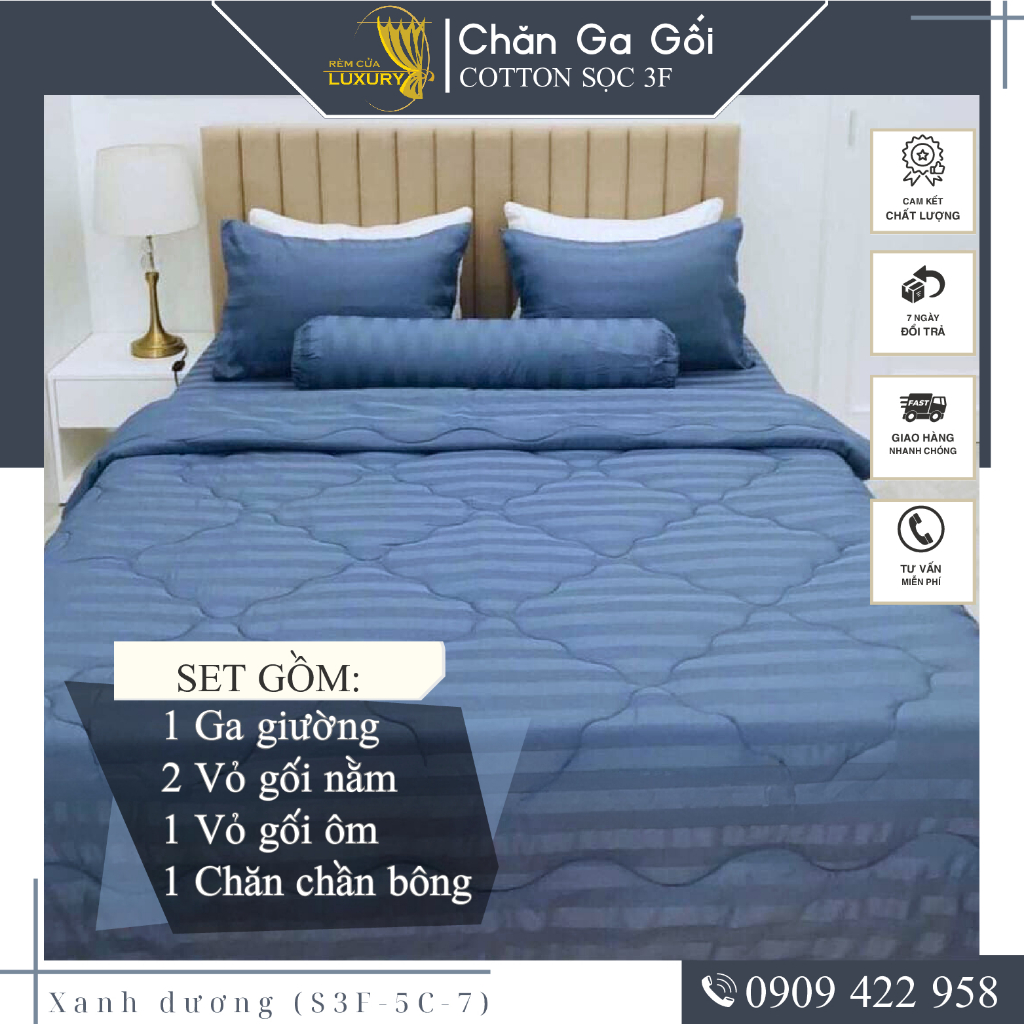 Bộ ga giường 5 món cotton kẻ sọc 3f chuyên dùng cho khách sạn miễn phí bo chun REMCUALUXURY