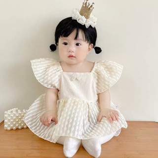 Váy body cánh tiên trắng voan xòe kèm turban tai thỏ cho bé gái diện đầy tháng thôi nôi