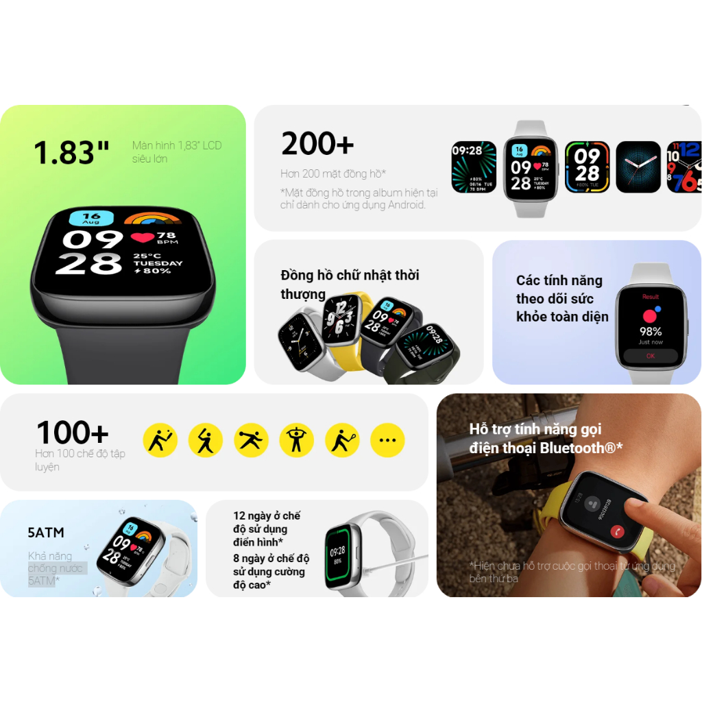 Đồng hồ thông minh Redmi Watch 3 Active - Gọi thoại qua Bluetooth, hơn 100 chế độ tập luyện, chống nước 5ATM, hỗ trợ NFC