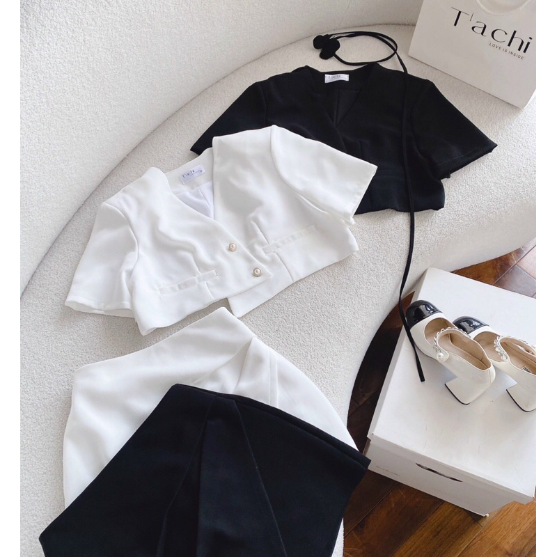 SET VEST PHỐI NÚT + CHÂN VÁY 3 MÀU TRẮNG - ĐEN - HỒNG