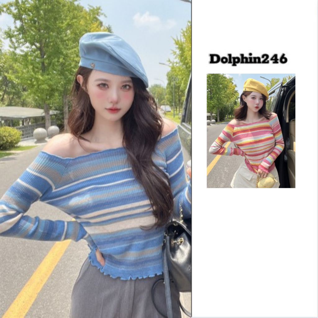 Áo len nữ dài tay nhún bèo dáng ngắn áo croptop dệt kim mongtoghi họa tiết kẻ sọc nhiều màu sắc nổi bật M32 D2-16.1