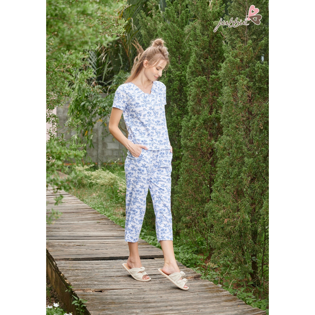 Bộ lửng thun cotton cổ V đính nơ mặc nhà 32451