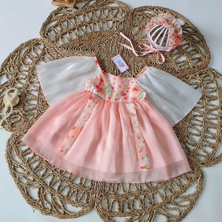 Váy hanbok cách tân hoa đào nhí vải tơ cao cấp diện sự kiện cho bé gái 6-19kg