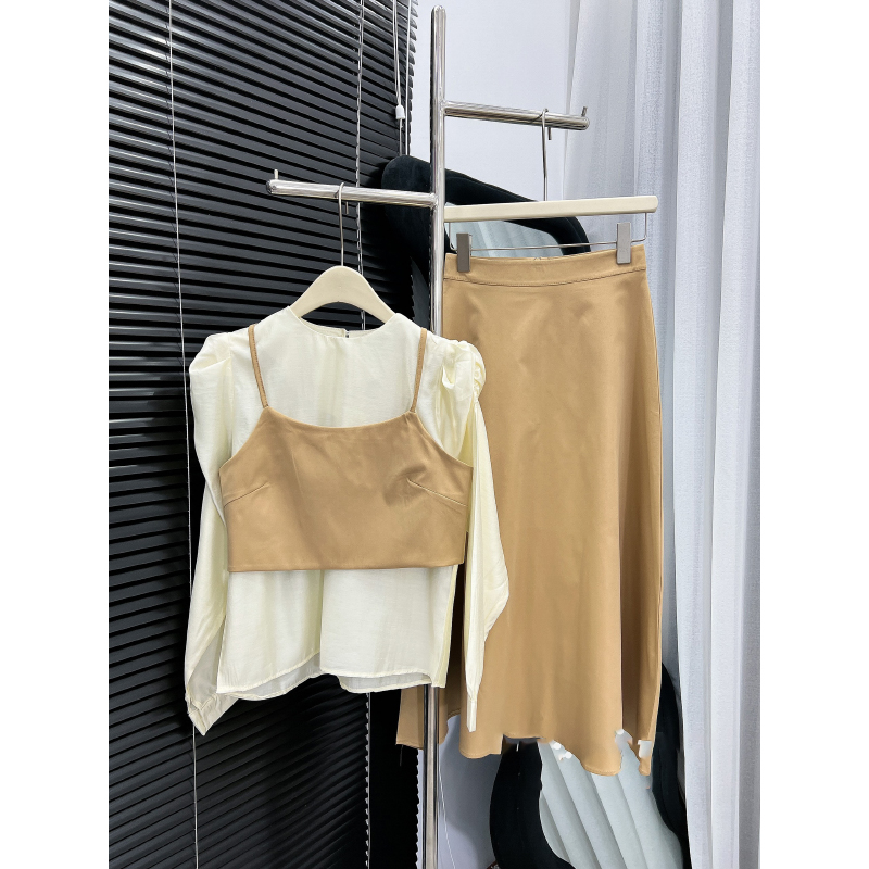 Set 3 Món Áo 2 Dây Phối Sơ Mi Tay Bồng Mix Chân Váy Dáng Dài SB6016 - Lolla Fashion