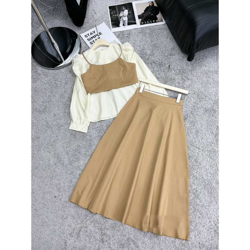 Set 3 Món Áo 2 Dây Phối Sơ Mi Tay Bồng Mix Chân Váy Dáng Dài SB6016 - Lolla Fashion