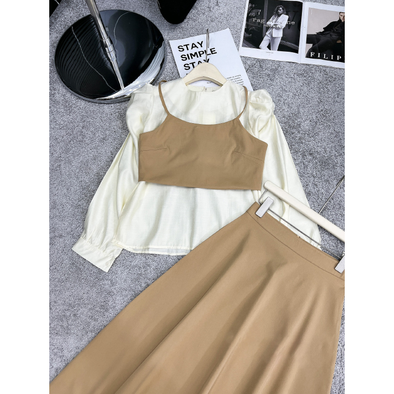 Set 3 Món Áo 2 Dây Phối Sơ Mi Tay Bồng Mix Chân Váy Dáng Dài SB6016 - Lolla Fashion