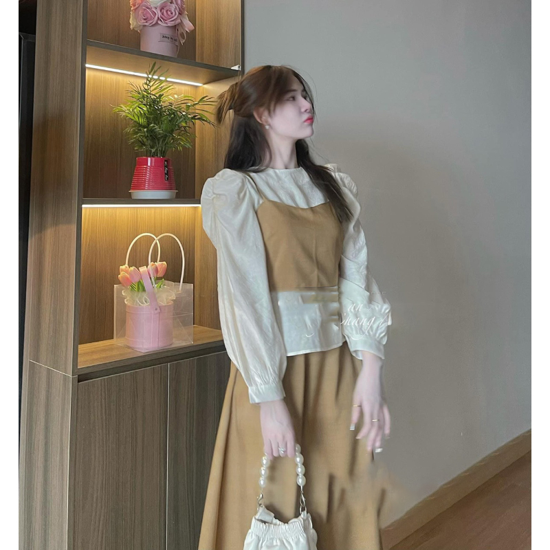 Set 3 Món Áo 2 Dây Phối Sơ Mi Tay Bồng Mix Chân Váy Dáng Dài SB6016 - Lolla Fashion