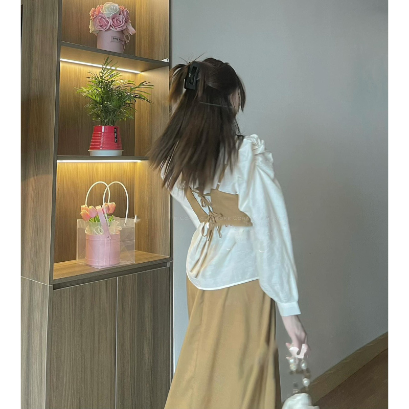 Set 3 Món Áo 2 Dây Phối Sơ Mi Tay Bồng Mix Chân Váy Dáng Dài SB6016 - Lolla Fashion