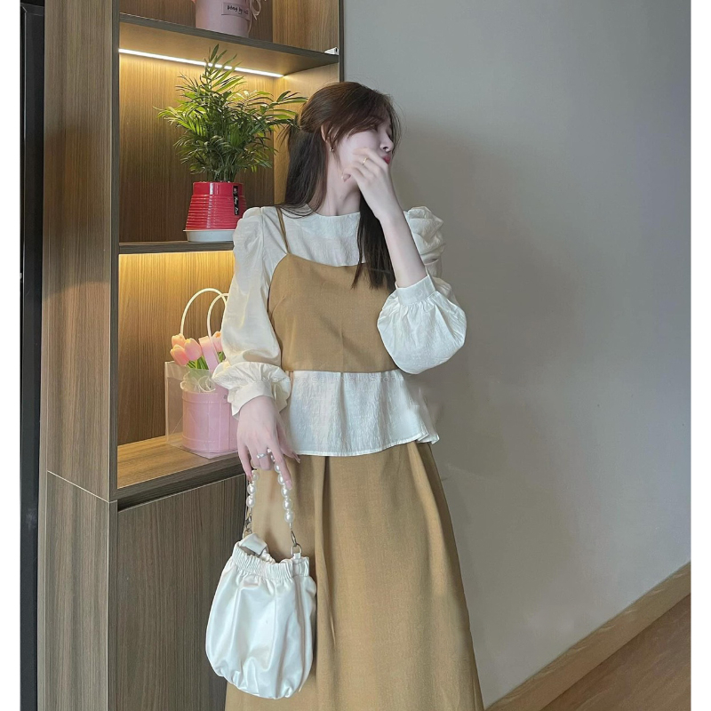 Set 3 Món Áo 2 Dây Phối Sơ Mi Tay Bồng Mix Chân Váy Dáng Dài SB6016 - Lolla Fashion