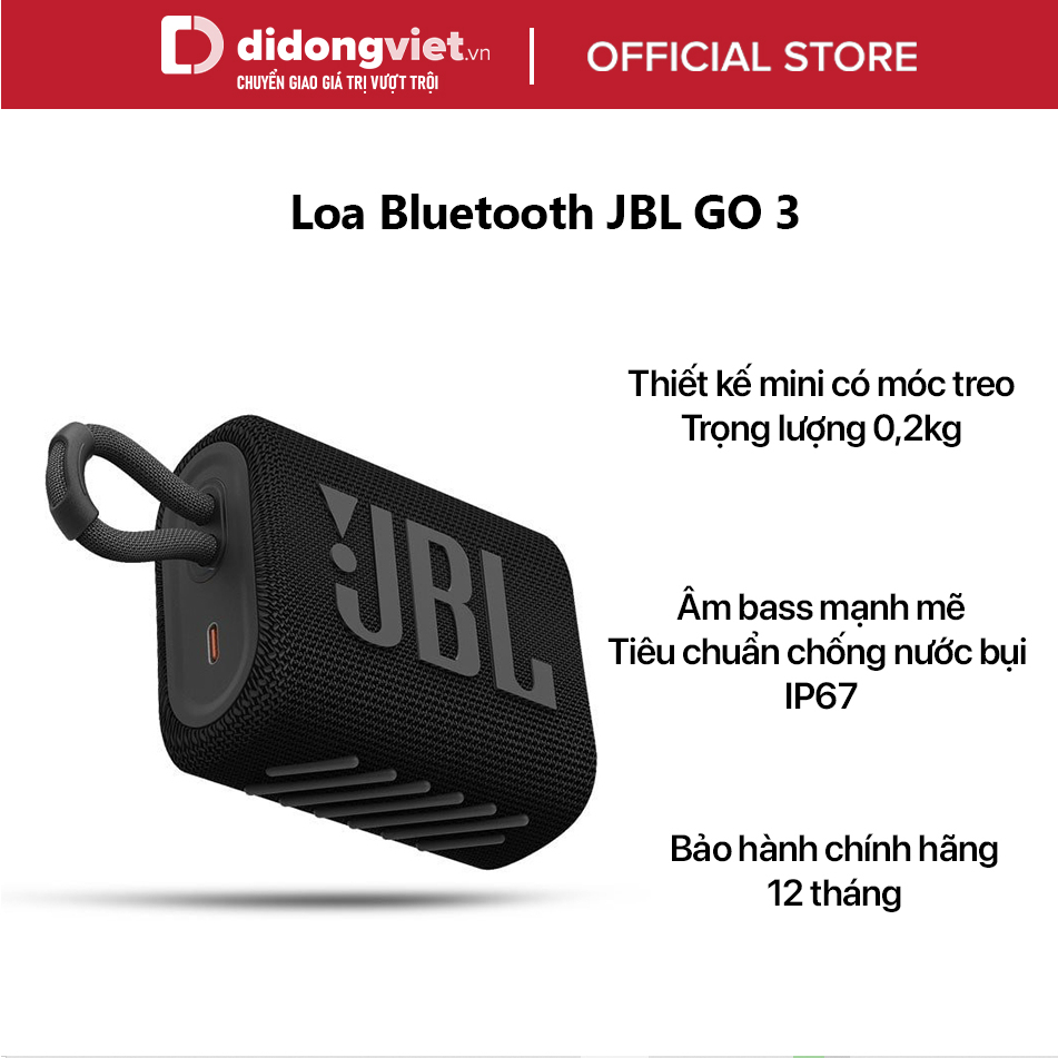 Loa Bluetooth JBL GO 3 - Thiết kế mini có móc treo, Âm bass mạnh mẽ, Tiêu chuẩn chống nước bụi IP67, Trọng lượng 0,2kg