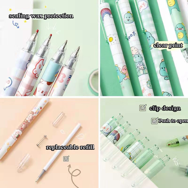 Bút bi gel bấm ngòi 0.5mm A585 mực đen trơn đều hoạ tiết hoạt hình cute dễ thương