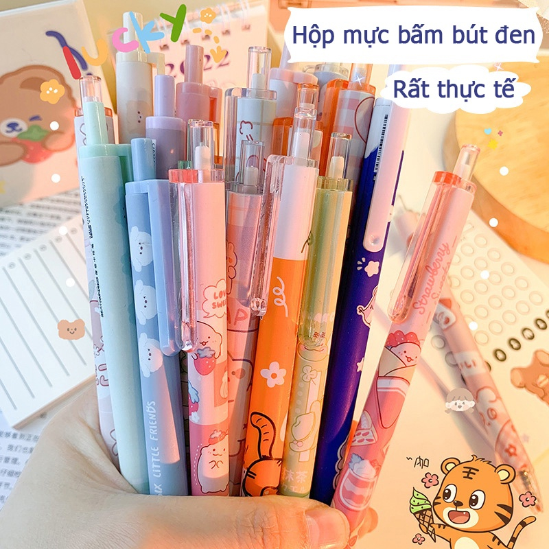 Bút bi gel bấm ngòi 0.5mm A585 mực đen trơn đều hoạ tiết hoạt hình cute dễ thương