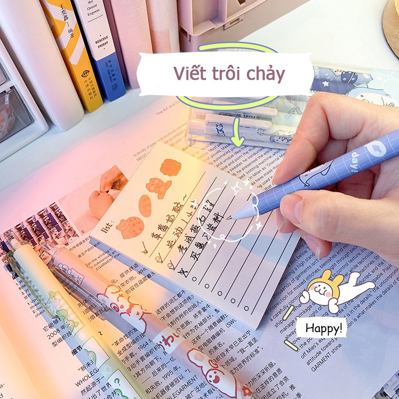 Bút bi gel bấm ngòi 0.5mm A585 mực đen trơn đều hoạ tiết hoạt hình cute dễ thương