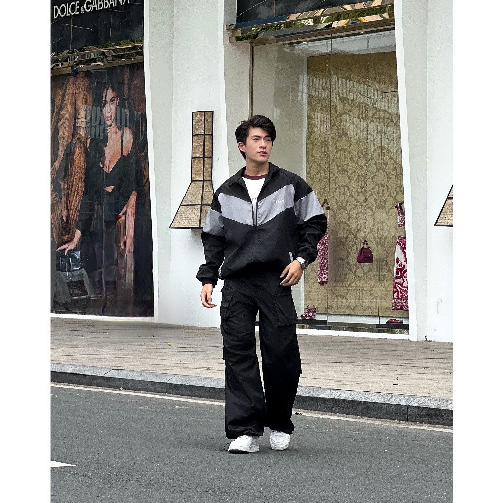 Áo khoác dù Teelab phối chéo đen xám, Áo khoác gió nam nữ Unisex 2 lớp