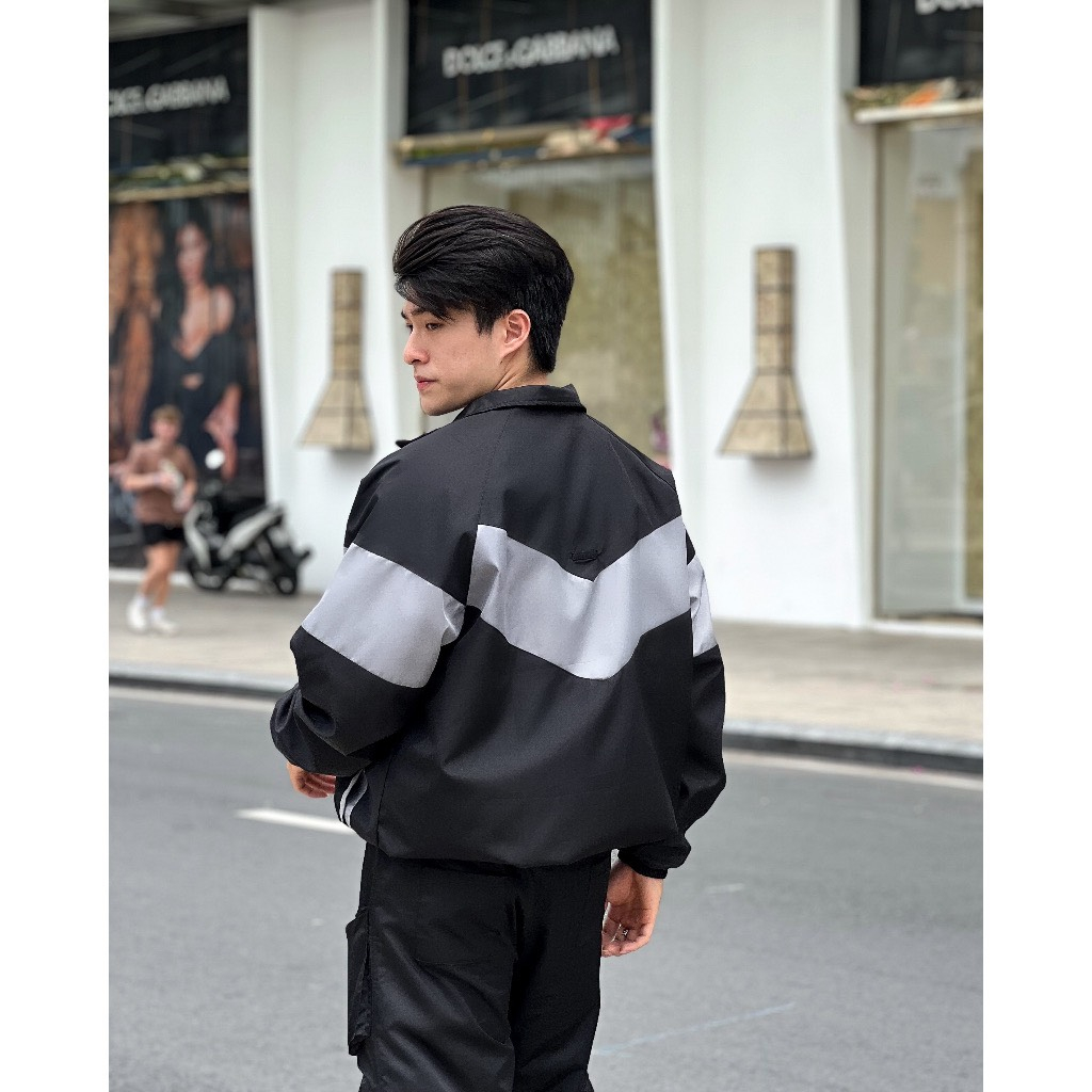 Áo khoác dù Teelab phối chéo đen xám, Áo khoác gió nam nữ Unisex 2 lớp