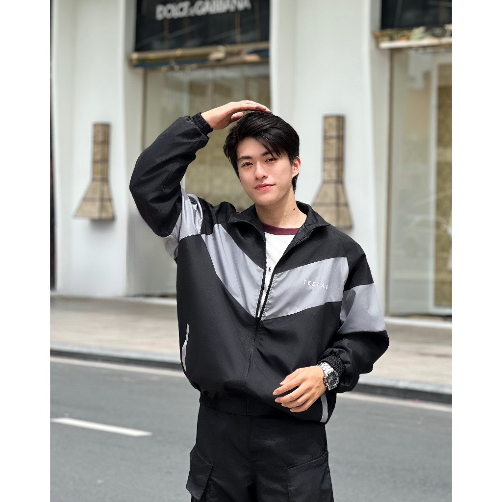 Áo khoác dù Teelab phối chéo đen xám, Áo khoác gió nam nữ Unisex 2 lớp
