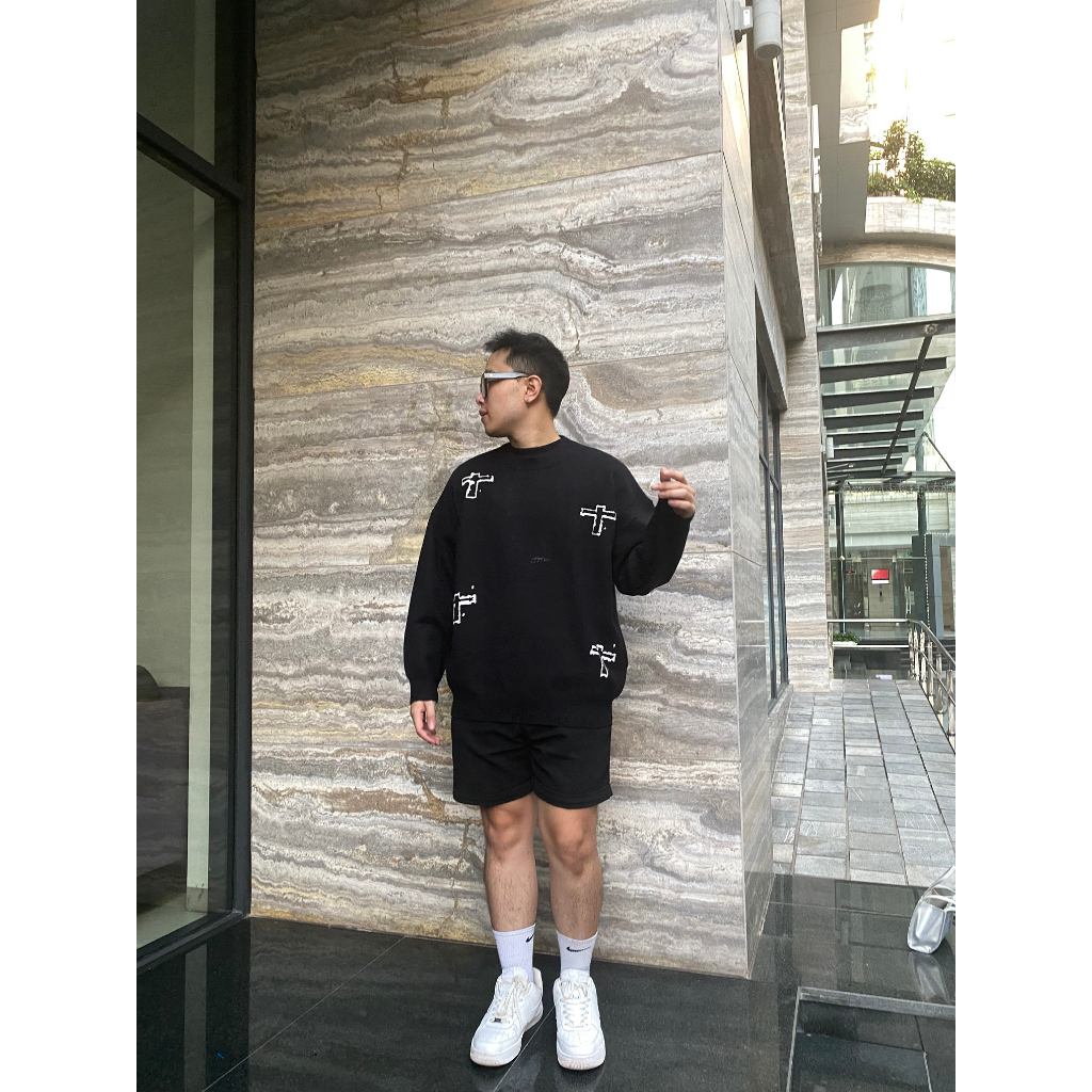 Áo sweater len unisex cổ tròn dáng rộng hottrend 2023 sweater unisex hoạ tiết thánh giá siêu ngầu phong cách đường phố