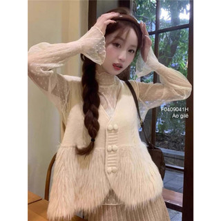 Áo gile len gài nút cổ V tay sát nách phối lông siêu thời trang!
