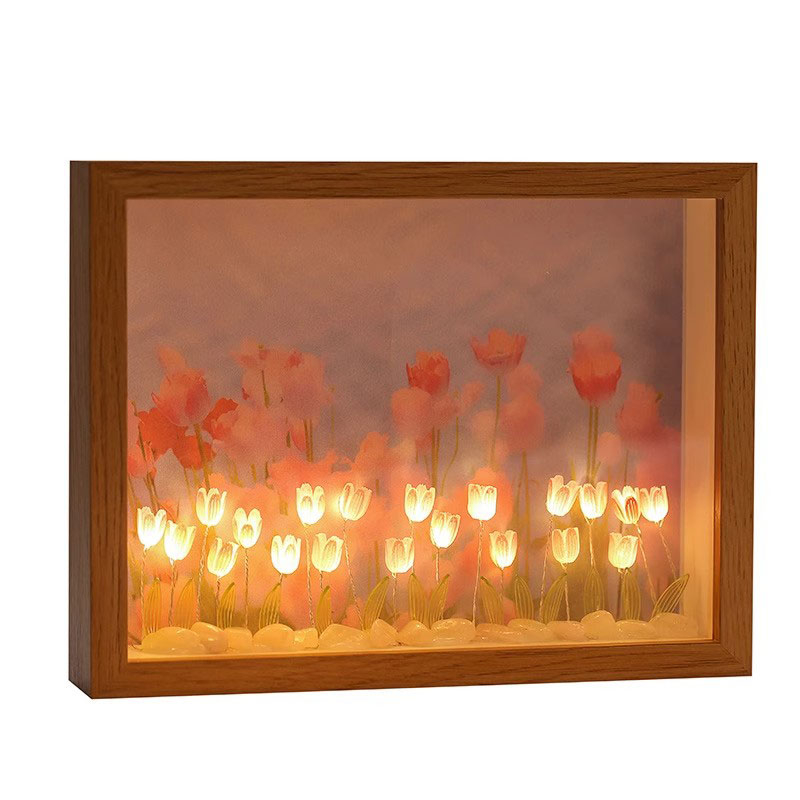 Đèn hoa Tulip Để Bàn，Khung Chữ Nhật Bằng gỗ , DIY - Quà lưu niệm ý nghĩa，bàn học，Quà tặng sáng tạo，trang trí phòng