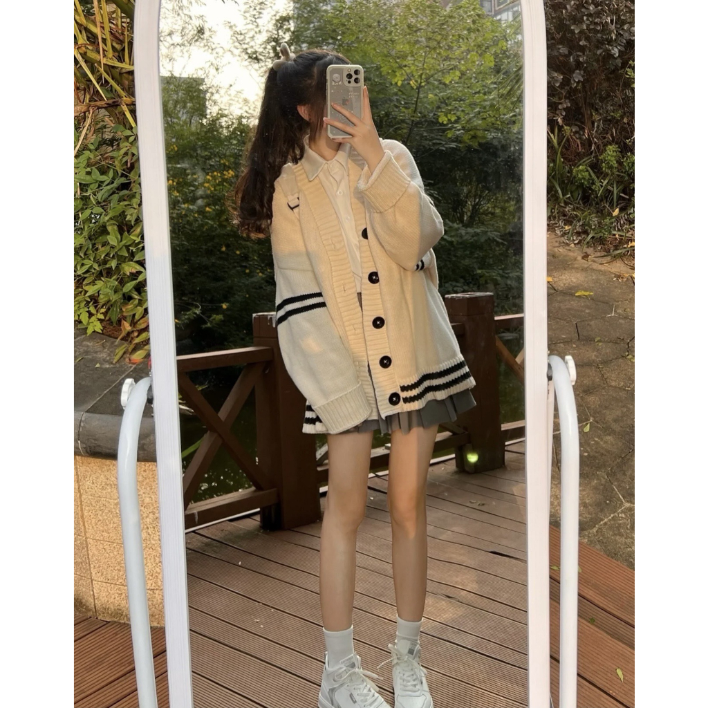 Áo khoác len nữ Cardigan kem phối sọc đen, Áo khoác dáng dài phong cách Hàn Quốc | BigBuy360 - bigbuy360.vn