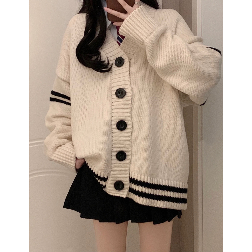 Áo khoác len nữ Cardigan kem phối sọc đen, Áo khoác dáng dài phong cách Hàn Quốc | BigBuy360 - bigbuy360.vn