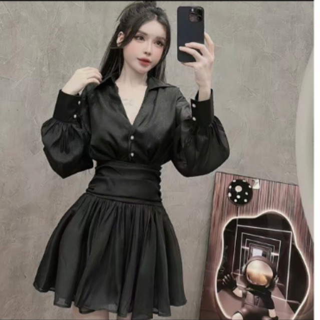 VÁY SƠMI TƠ ĐEN DÁNG XOÈ THẮT EO, KHÁNH THƯ BOUTIQUE 🥰🌸