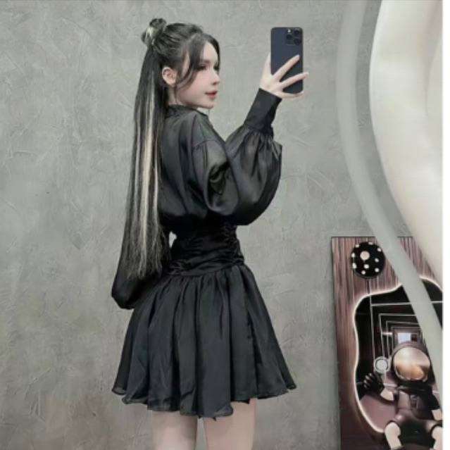 VÁY SƠMI TƠ ĐEN DÁNG XOÈ THẮT EO, KHÁNH THƯ BOUTIQUE 🥰🌸