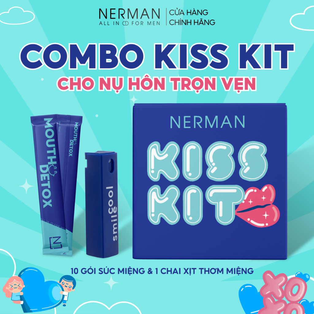 Combo Kiss Kit Nerman-Xịt thơm miệng Spray&Kiss 10ml&10Gói Nước súc miệng Mouth Detox 10ml/gói-TẶNG 1 CẨM NANG TẬP HÔN