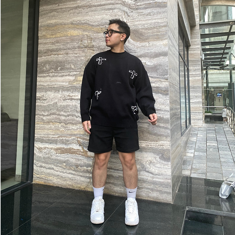 Áo sweater len unisex cổ tròn dáng rộng hottrend 2023 sweater unisex hoạ tiết thánh giá siêu ngầu phong cách đường phố