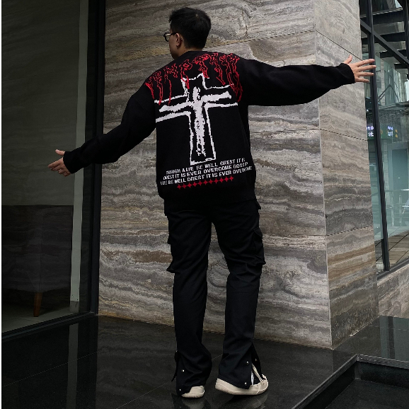 Áo sweater len unisex cổ tròn dáng rộng hottrend 2023 sweater unisex hoạ tiết thánh giá siêu ngầu phong cách đường phố